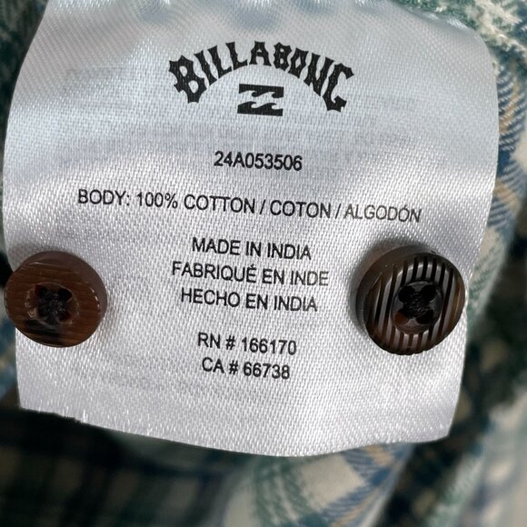 NEW Billabong Mens Large Coastline Flannel Shirt Green Plaid Wave Washed - Picture 5 of 9